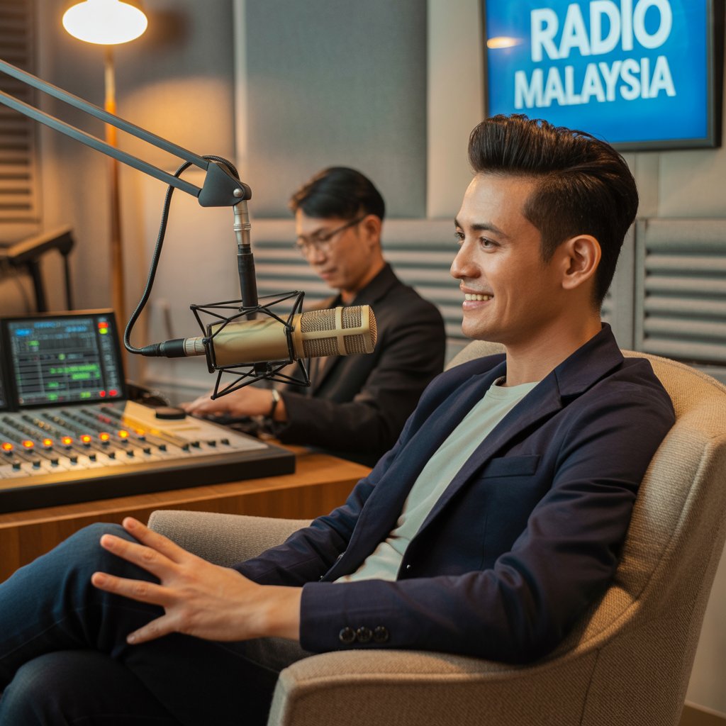 a guest is giving interview on radio station studio in malaysia